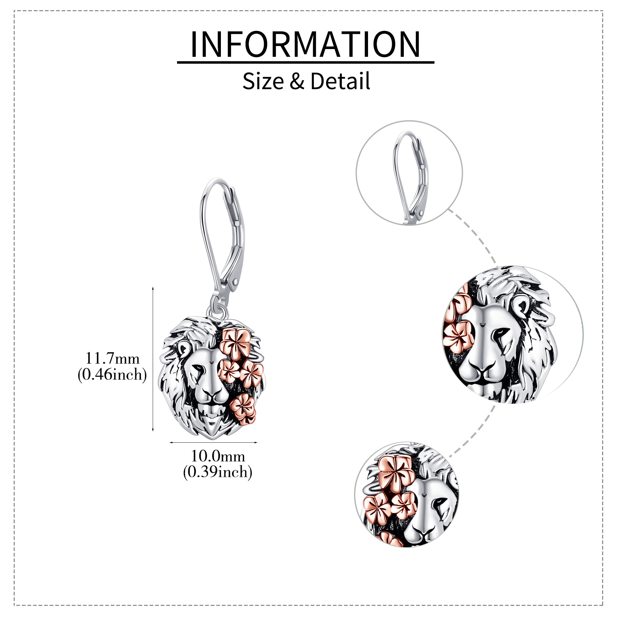 Men's Sterling Silver Lion Head Dangle Earrings, Animal Design